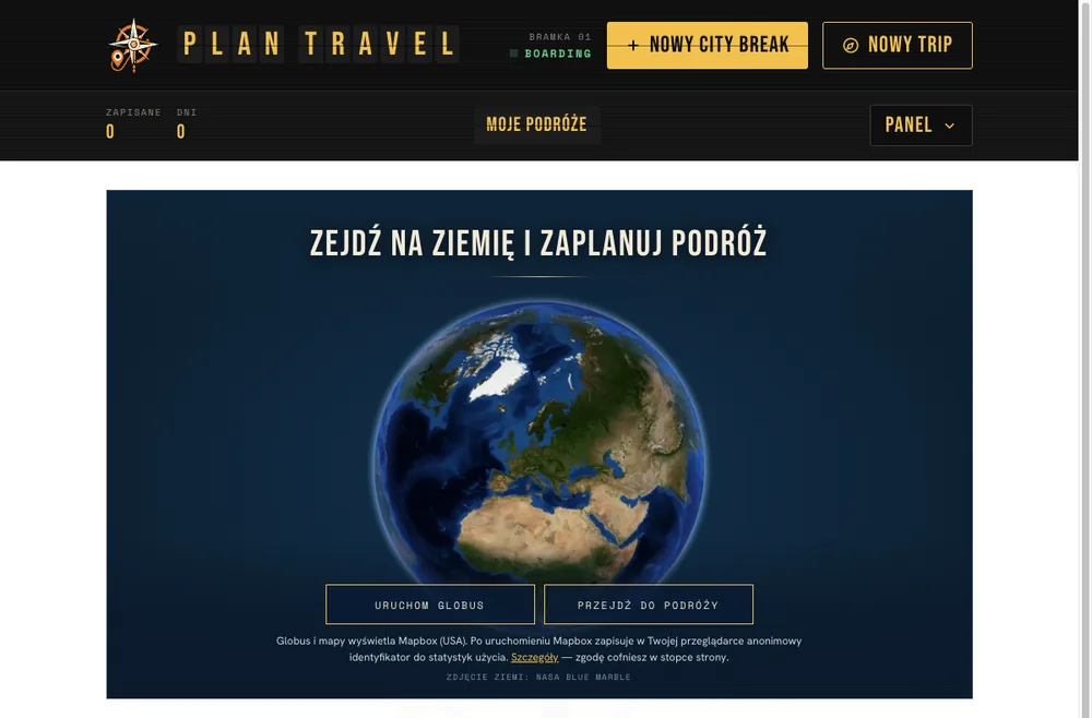 Ekran startowy: obraz Ziemi z napisem Zejdź na ziemię i zaplanuj podróż oraz przyciskami Uruchom globus i Przejdź do podróży