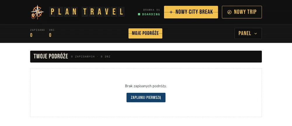 Pusta lista podróży z przyciskiem Zaplanuj pierwszą pod czarną belką z logo