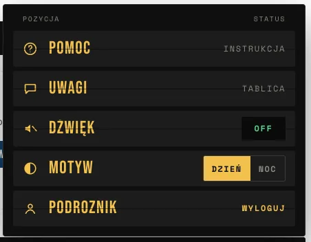 Rozwinięty panel: Pomoc, Uwagi, Dźwięk, Motyw dzień lub noc i nazwa konta z przyciskiem Wyloguj