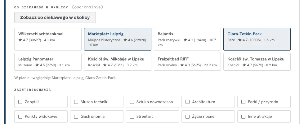 Panel z ośmioma kafelkami atrakcji Lipska, zaznaczone Marktplatz Leipzig i Clara-Zetkin-Park