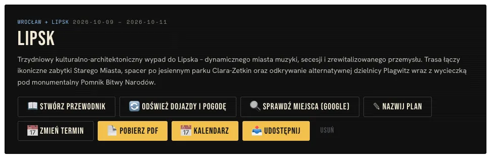 Nagłówek planu Lipska: trasa Wrocław–Lipsk, termin, streszczenie i przyciski akcji