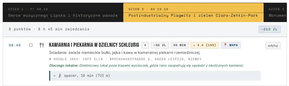 Zakładki dni, pasek podsumowania dnia i pierwszy punkt osi czasu z plakietkami