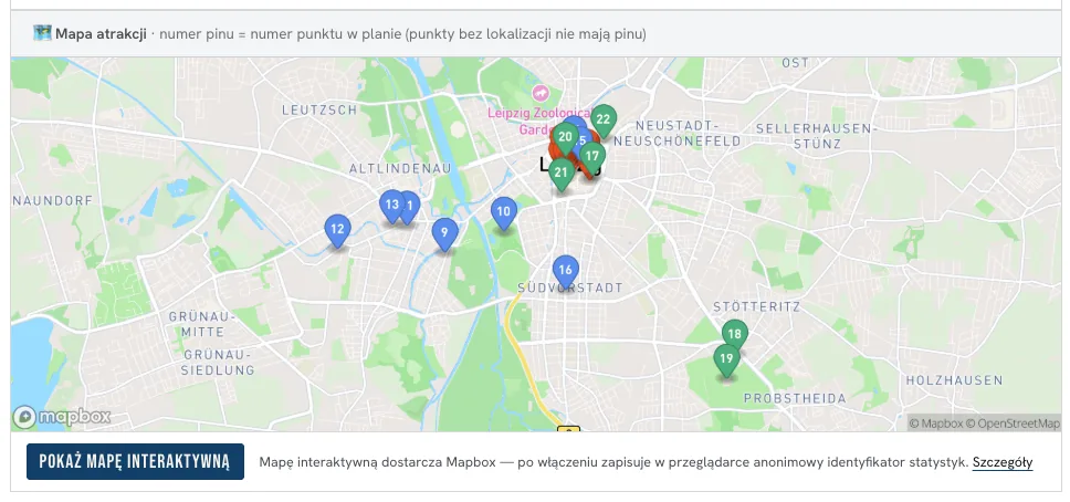 Mapa Lipska z ponumerowanymi pinami punktów planu i przyciskiem Pokaż mapę interaktywną
