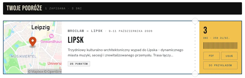 Kafel podróży do Lipska w formie biletu: mapa, trasa, termin, opis, liczba punktów i odcinek z przyciskami PDF, Usuń i Do przykładów