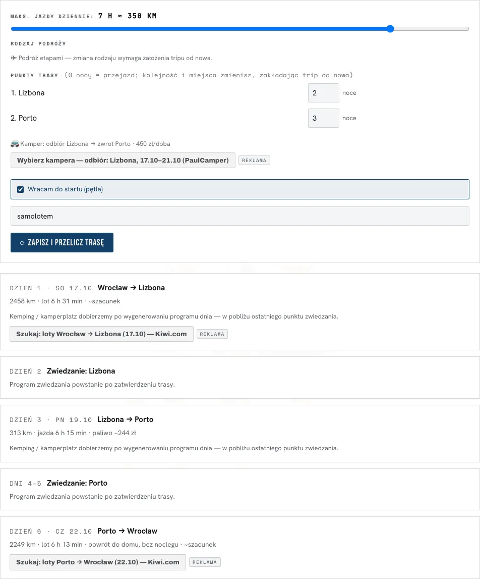 Szkielet podróży etapami: punkty Lizbona i Porto, wypożyczenie kampera z linkiem Wybierz kampera, dni z linkami do wyszukiwarki lotów