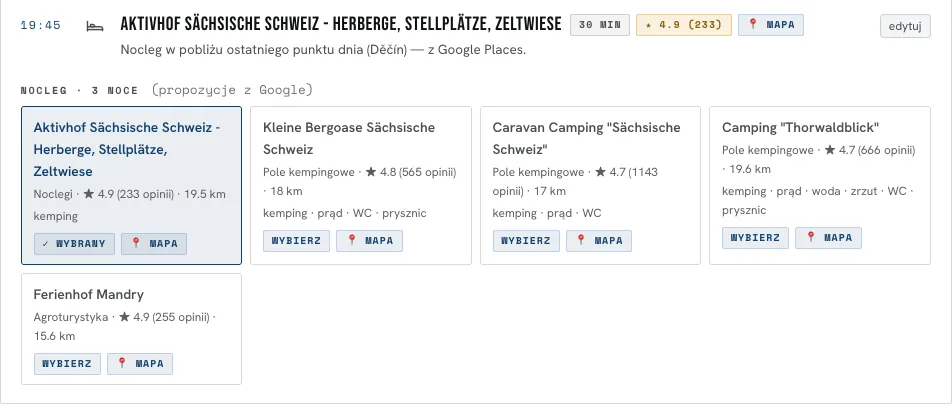 Karta noclegu z pięcioma propozycjami kempingów w Saksońskiej Szwajcarii: ocena Google, odległość, usługi z OpenStreetMap i przyciski Wybierz oraz Mapa