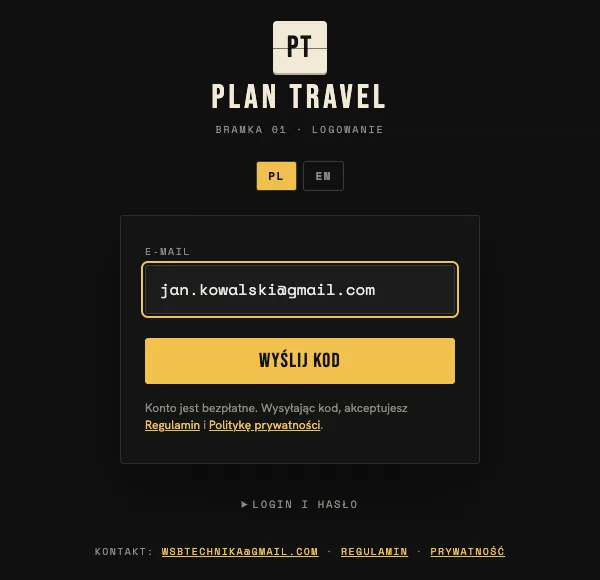 Strona logowania Plan Travel: pole E-mail z wpisanym adresem, żółty przycisk Wyślij kod i zwinięta opcja Login i hasło