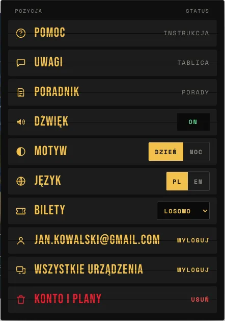 Panel konta z e-mailem: adres konta z przyciskiem Wyloguj, Wszystkie urządzenia z przyciskiem Wyloguj oraz Konto i plany z przyciskiem Usuń
