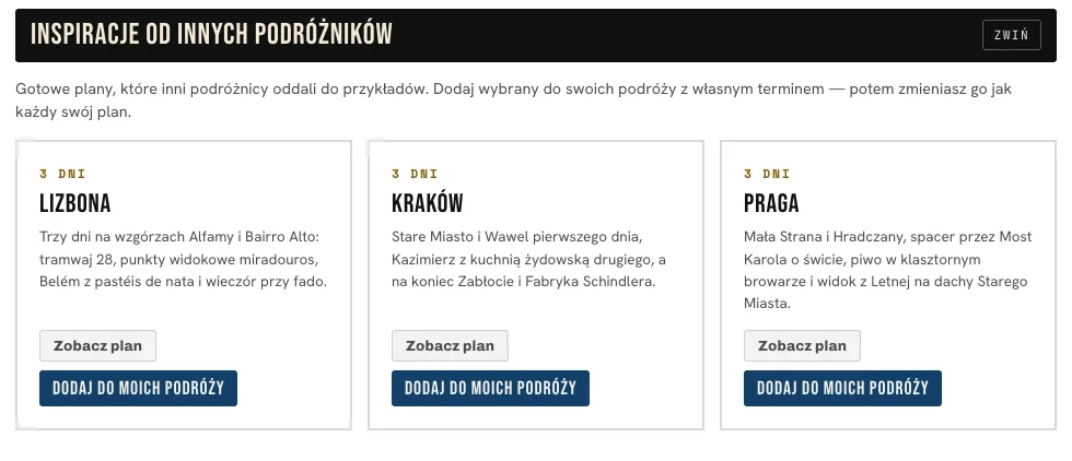 Sekcja Inspiracje od innych podróżników z trzema kartami planów: Lizbona, Kraków i Praga, każda z przyciskami Zobacz plan i Dodaj do moich podróży