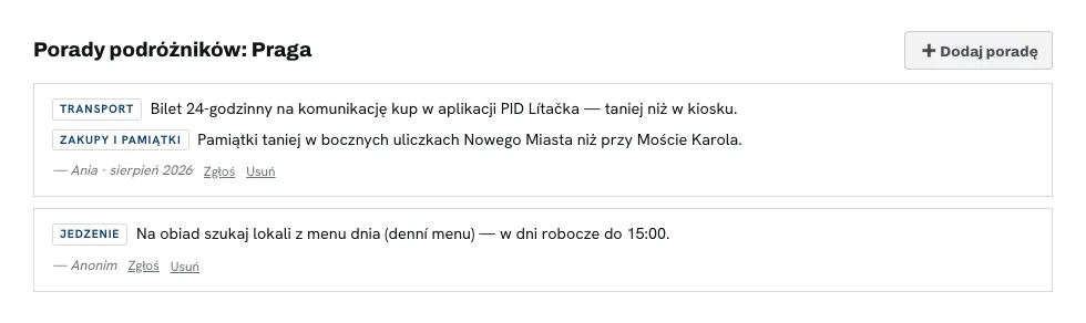 Karta Porady podróżników: Praga z dwoma wpisami — porady z kategoriami Transport, Zakupy i pamiątki oraz Jedzenie, podpisane Ania i Anonim