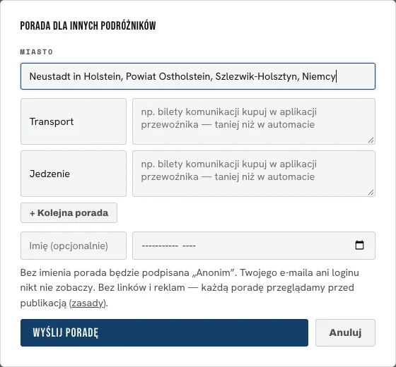 Okno Porada dla innych podróżników: pole Miasto z wybranym Neustadt in Holstein, dwa wiersze kategorii z polami porady, przycisk Kolejna porada, pola Imię i miesiąc podróży oraz przycisk Wyślij poradę